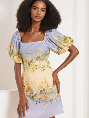 Yumi Kim Lavender and Yellow Citrus Print Puff-Sleeve Mini Dress